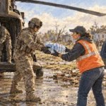 Conceptual painting of civilian and military responders unloading relief supplies after a storm.