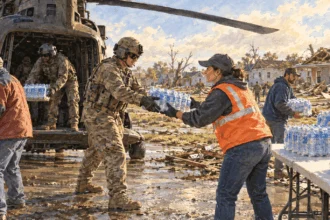 Conceptual painting of civilian and military responders unloading relief supplies after a storm.