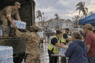 Military logistics personnel assist local workers with disaster supplies.