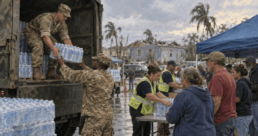 Military logistics personnel assist local workers with disaster supplies.