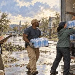 Painted illustration of disaster-response workers loading water supplies into a truck after a storm.