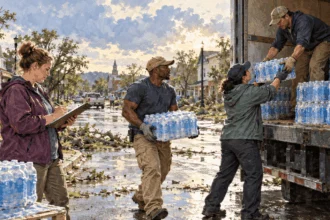 Painted illustration of disaster-response workers loading water supplies into a truck after a storm.