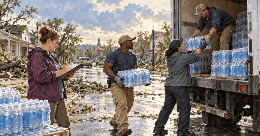 Painted illustration of disaster-response workers loading water supplies into a truck after a storm.