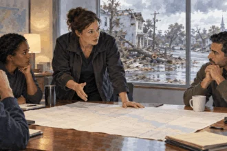 Conceptual painting of civilian-led storm response planning with a military liaison.