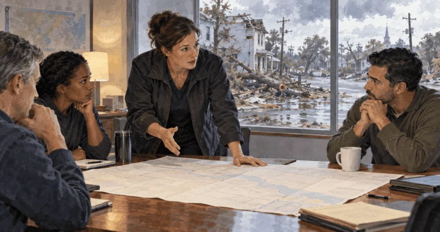 Conceptual painting of civilian-led storm response planning with a military liaison.