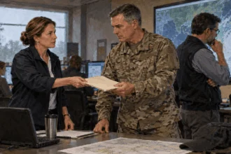 State officials discuss a Guard activation in an emergency center.