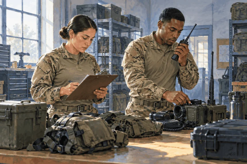 Painted illustration of two service members checking a radio and training equipment.