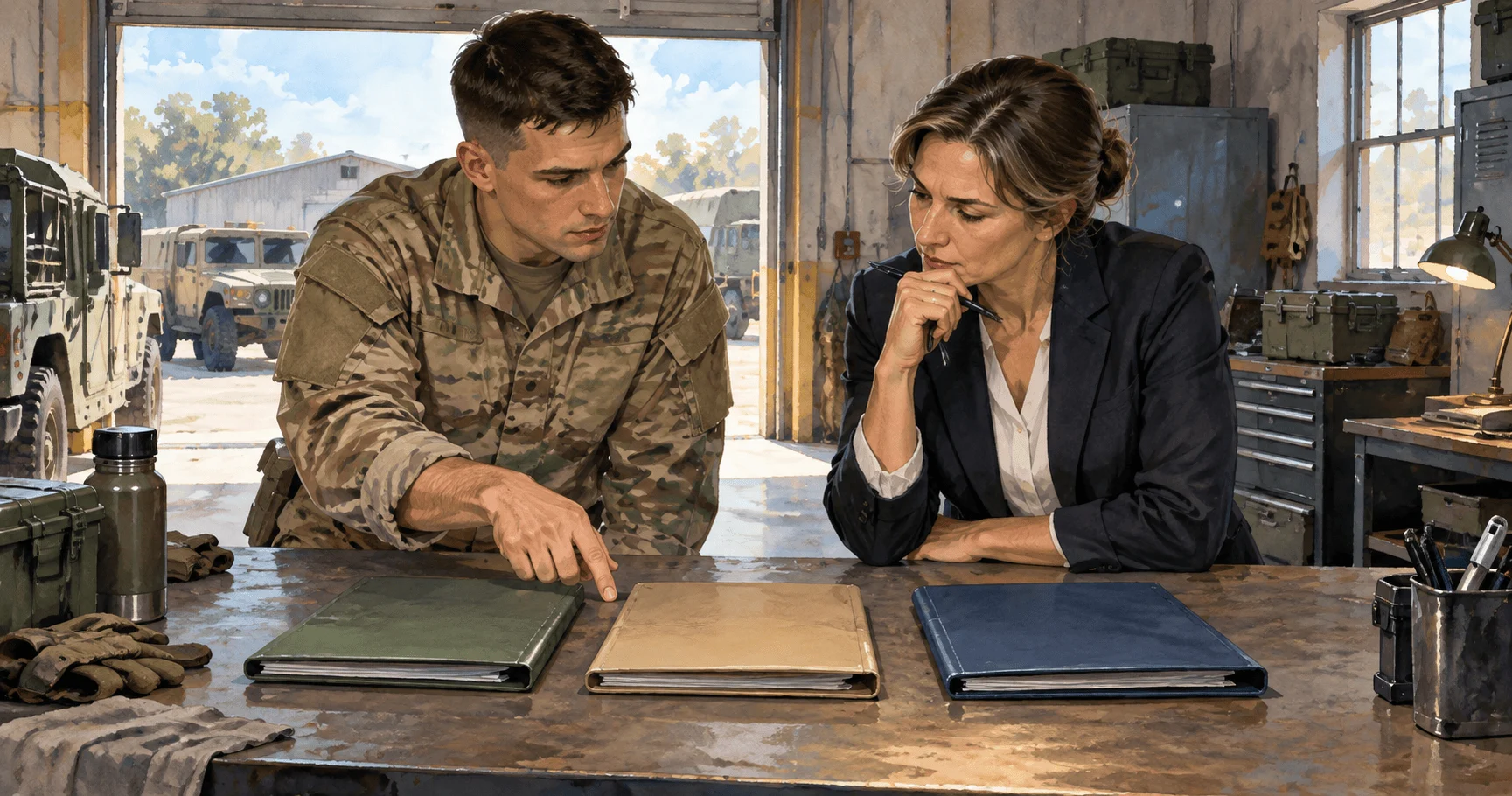 Conceptual watercolor of a Guard member and adviser comparing three duty folders.