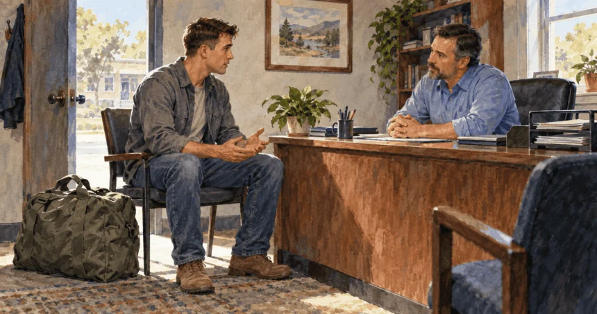 Conceptual painting of a Guard member meeting a workplace manager after service.