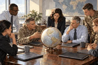 Conceptual watercolor painting of defense analysts discuss a generic security brief.