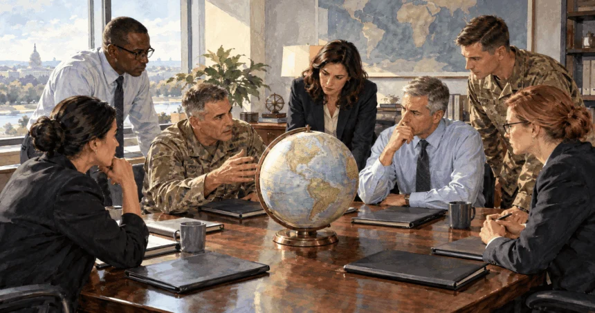 Conceptual watercolor painting of defense analysts discuss a generic security brief.