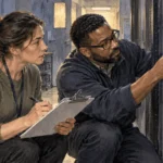 Conceptual watercolor of civilian cyber workers checking a network cabinet.