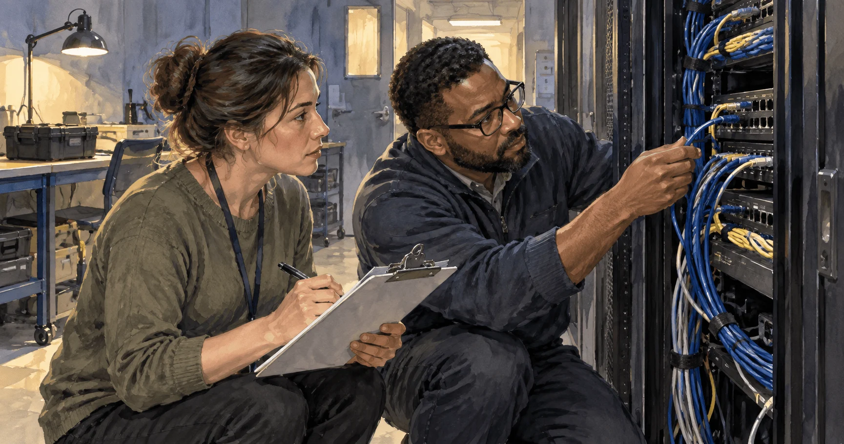 Conceptual watercolor of civilian cyber workers checking a network cabinet.