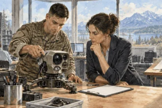 Conceptual watercolor painting of engineer and specialist inspect AI-related sensor.