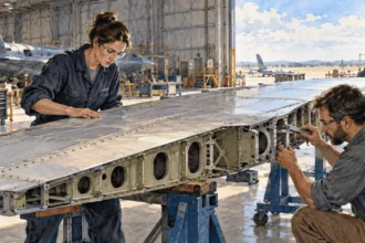 Conceptual painting of engineers inspecting an unfinished military aircraft component.