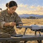 Conceptual painting of a technician inspecting a small unarmed drone.