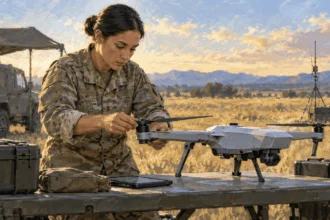 Conceptual painting of a technician inspecting a small unarmed drone.
