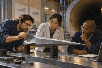 Conceptual painting of engineers examining a test model in a wind-tunnel lab.
