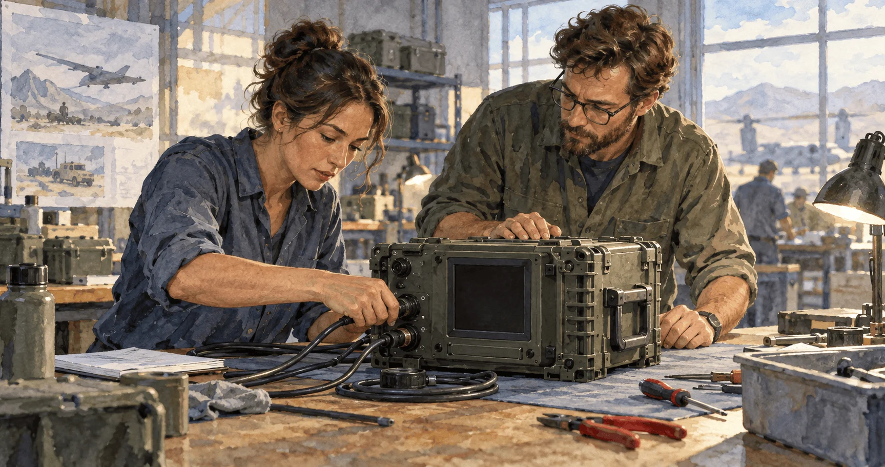 Conceptual watercolor of engineers inspecting a rugged communications box at a workbench.