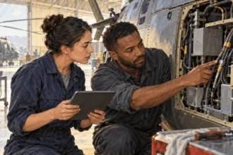 Conceptual watercolor of technicians inspecting a helicopter service panel.