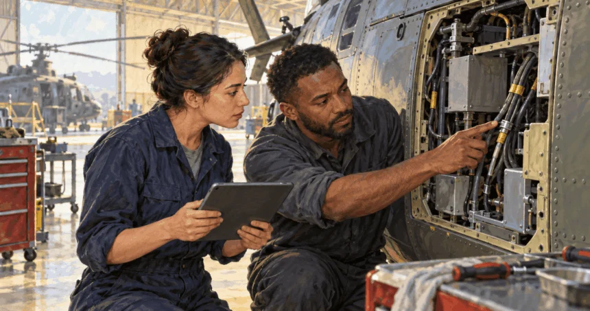 Conceptual watercolor of technicians inspecting a helicopter service panel.