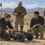 Engineers and military personnel test a ground robot at a proving ground.