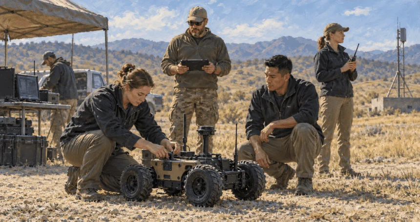 Engineers and military personnel test a ground robot at a proving ground.