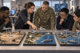 Conceptual painting of engineers studying linked military systems.