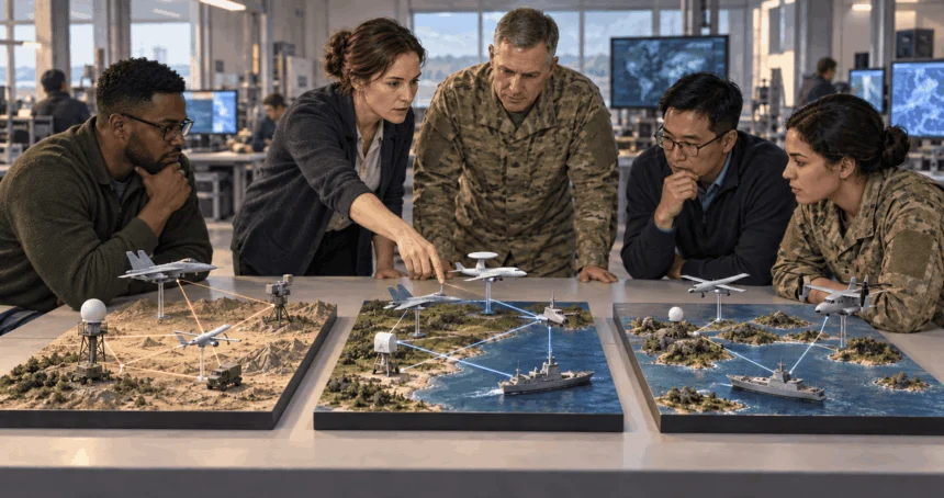 Conceptual painting of engineers studying linked military systems.