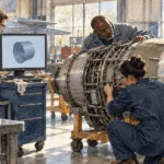 Painted engineers inspecting a jet component alongside a simple digital model in a workshop.