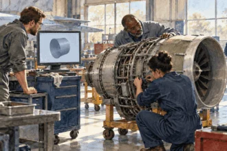 Painted engineers inspecting a jet component alongside a simple digital model in a workshop.