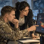 Conceptual watercolor painting of military and civilian analysts examine an abstract information display.