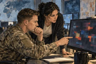 Conceptual watercolor painting of military and civilian analysts examine an abstract information display.