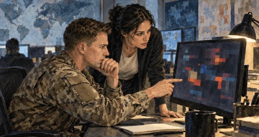 Conceptual watercolor painting of military and civilian analysts examine an abstract information display.