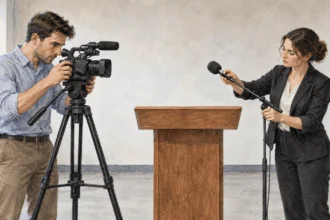 Conceptual watercolor of public-affairs staff considering blank images in a workroom.