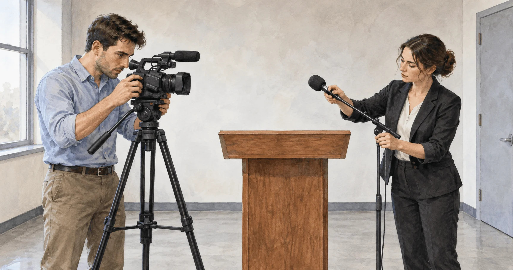 Conceptual watercolor of public-affairs staff considering blank images in a workroom.