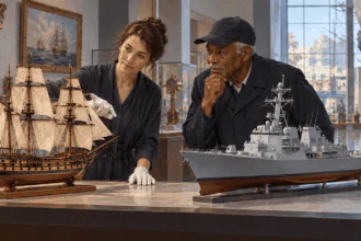 Conceptual painting of two people comparing naval ship models.