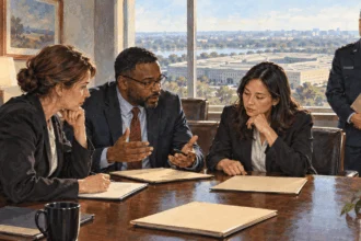 Conceptual painting of civilian defense staff preparing for a military briefing.