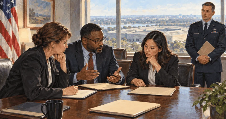 Conceptual painting of civilian defense staff preparing for a military briefing.