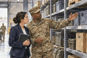 Conceptual painting of a congressional staffer and logistics officer reviewing a supply shelf.