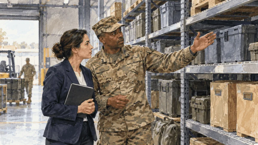 Conceptual painting of a congressional staffer and logistics officer reviewing a supply shelf.