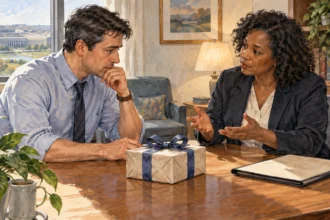 Conceptual painting of a defense employee asking an ethics counselor about an unopened gift.