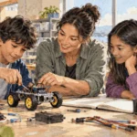 Conceptual watercolor painting of students build robot with engineering mentor.