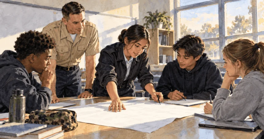 Conceptual painting of JROTC students planning a community service project with an instructor.