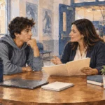 Painted illustration of a student discussing a military academy application with a counselor.