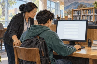 Conceptual painting of a young adult beginning registration at a public library computer.