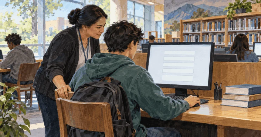 Conceptual painting of a young adult beginning registration at a public library computer.
