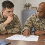 Conceptual painting of a soldier reviewing promotion progress with a mentor.