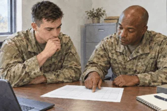 Conceptual painting of a soldier reviewing promotion progress with a mentor.