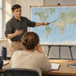 Conceptual painting of a service member practices a briefing in a professional education classroom.